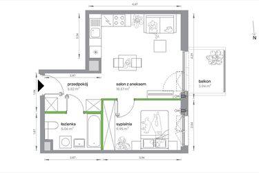 Rzut - Mieszkanie na sprzedaż 2 pokoje o powierzchni 39,1 m² - numer 1/A/2/9 w Sochaczewska Vita