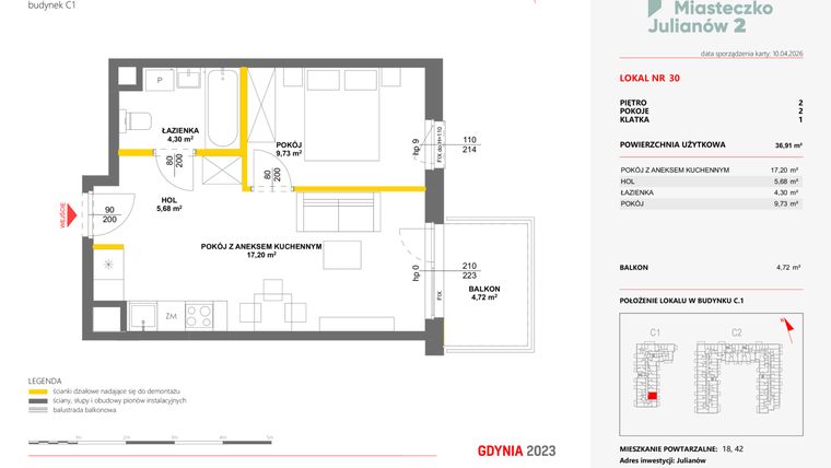 Rzut - Mieszkanie na sprzedaż 2 pokoje o powierzchni 36,91 m² - numer 30 w Miasteczko Julianów etap 2