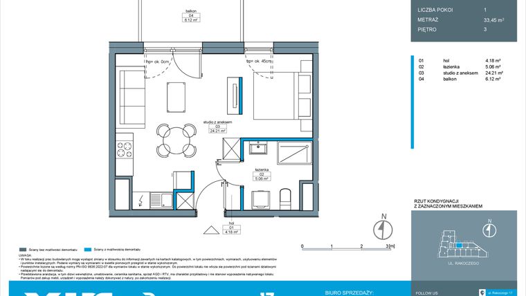 Rzut - Mieszkanie na sprzedaż 1 pokój o powierzchni 33,45 m² - numer A.3.1 w Rakoczego 17