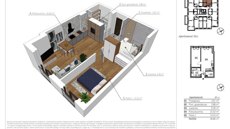Rzut - Mieszkanie na sprzedaż 2 pokoje o powierzchni 46,86 m² - numer M15 w Przy Parku etap II
