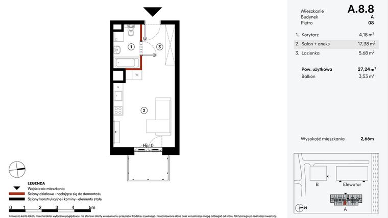 Rzut - Mieszkanie na sprzedaż 1 pokój o powierzchni 27,24 m² - numer A.8.8 w Elewator - Mieszkania i Lofty