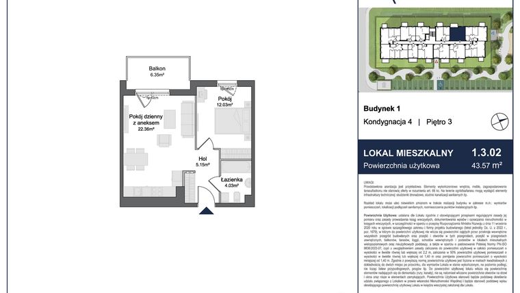 Rzut - Mieszkanie na sprzedaż 2 pokoje o powierzchni 43,57 m² - numer 1.3.02 w Rytelska