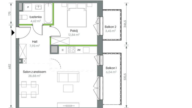 Rzut - Mieszkanie na sprzedaż 2 pokoje o powierzchni 54,27 m² - numer 2/B/1/15 w Oliwska Vita