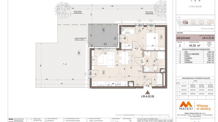 Rzut - Mieszkanie na sprzedaż 2 pokoje o powierzchni 45,58 m² - numer A.00.06 w Takt Lirników