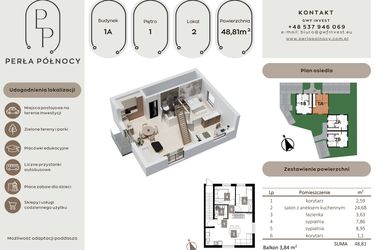 Rzut - Mieszkanie na sprzedaż 3 pokoje o powierzchni 48,81 m² - numer 2 w Perła Północy etap 1