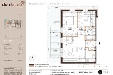 Rzut - Mieszkanie na sprzedaż 3 pokoje o powierzchni 54,4 m² - numer A1 w Domkove Widzew