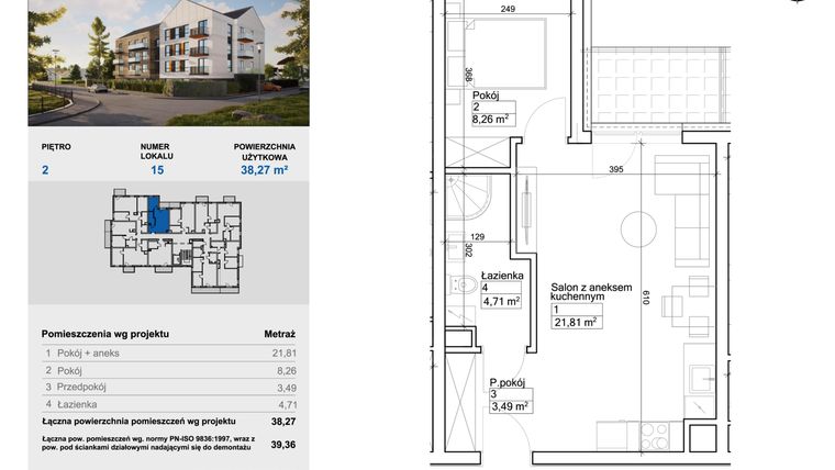 Rzut - Mieszkanie na sprzedaż 2 pokoje o powierzchni 38,33 m² - numer 15 w Balantia