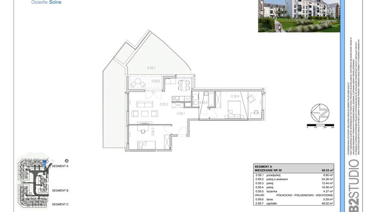 Rzut - Mieszkanie na sprzedaż 3 pokoje o powierzchni 66,53 m² - numer 59 w Osiedle Solne etap II