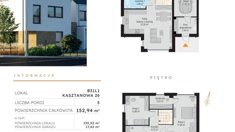 Rzut - Dom na sprzedaż 5 pokoi o powierzchni 152,94 m² - numer B31L1 w Szczodre etap V