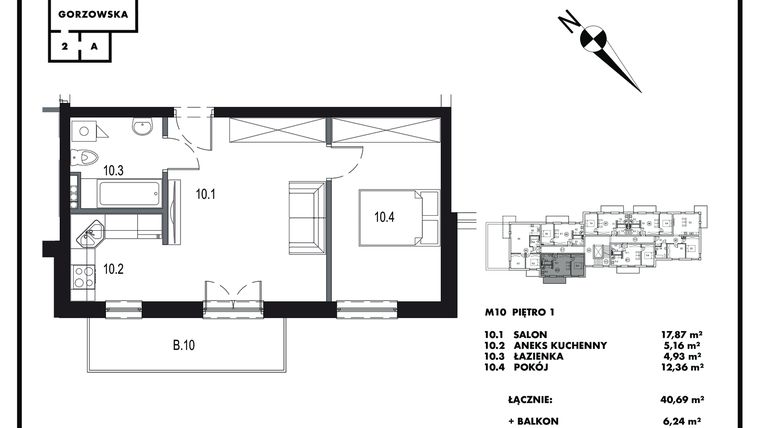 Rzut - Mieszkanie na sprzedaż 2 pokoje o powierzchni 40,6 m² - numer M10 w Gorzowska 2A