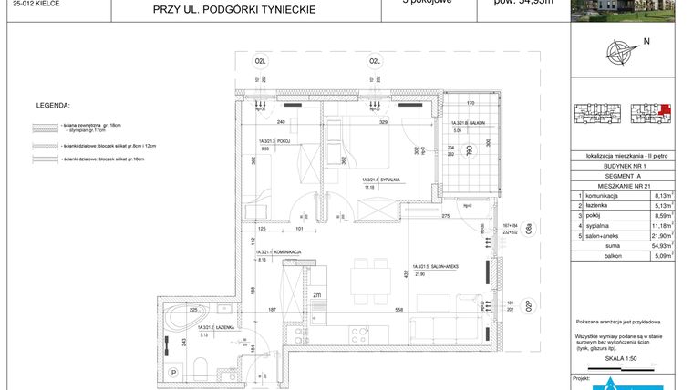 Rzut - Mieszkanie na sprzedaż 3 pokoje o powierzchni 54,93 m² - numer A21 w Podgórki Tynieckie