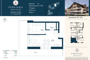 Rzut - Mieszkanie na sprzedaż 2 pokoje o powierzchni 37,02 m² - numer B1/103 w Perłowa Przystań - Szklarska Poręba