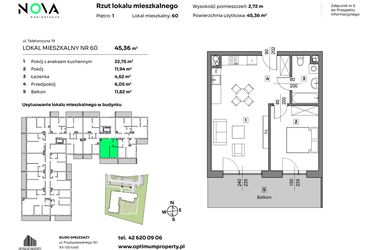 Rzut - Mieszkanie na sprzedaż 2 pokoje o powierzchni 45,36 m² - numer 60 w Nova Radiostacja