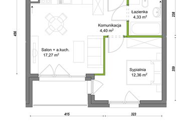 Rzut - Mieszkanie na sprzedaż 2 pokoje o powierzchni 38,36 m² - numer E2/F/17 w Orawska Vita