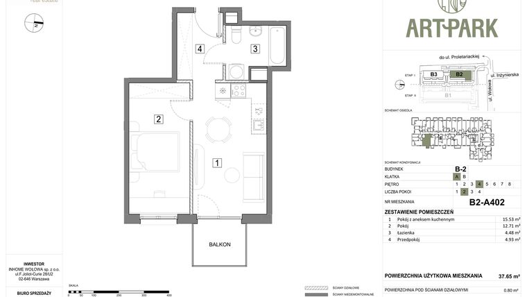 Rzut - Mieszkanie na sprzedaż 2 pokoje o powierzchni 38,45 m² - numer B.2.A402 w ArtPark