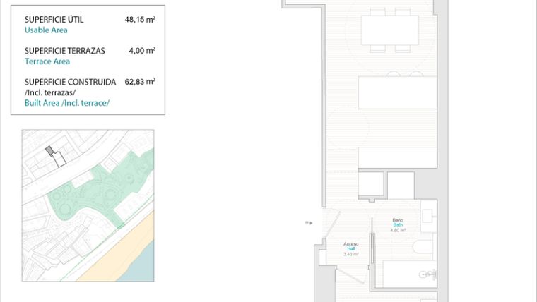 Rzut - Mieszkanie na sprzedaż 1 pokój o powierzchni 48 m² - numer 2.3B w Allonbay Urban - Villajoyosa