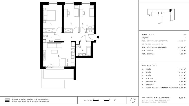 Rzut - Mieszkanie na sprzedaż 4 pokoje o powierzchni 67,84 m² - numer 1.A7 w Staszica 3