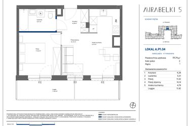 Rzut - Mieszkanie na sprzedaż 2 pokoje o powierzchni 39,46 m² - numer A.P1.04 w Mirabelki 5