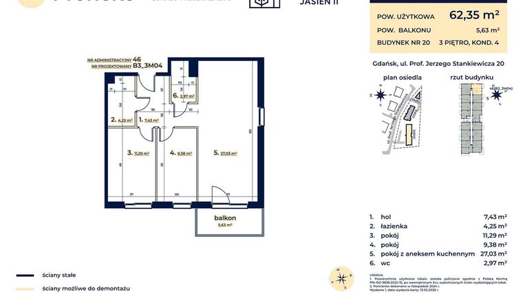 Rzut - Mieszkanie na sprzedaż 3 pokoje o powierzchni 62,35 m² - numer B3_3M04 w Kaskada Jasień - etap II