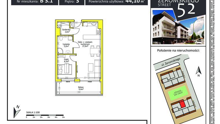 Rzut - Mieszkanie na sprzedaż 2 pokoje o powierzchni 44,1 m² - numer B 3.1 w Żeromskiego Street 52
