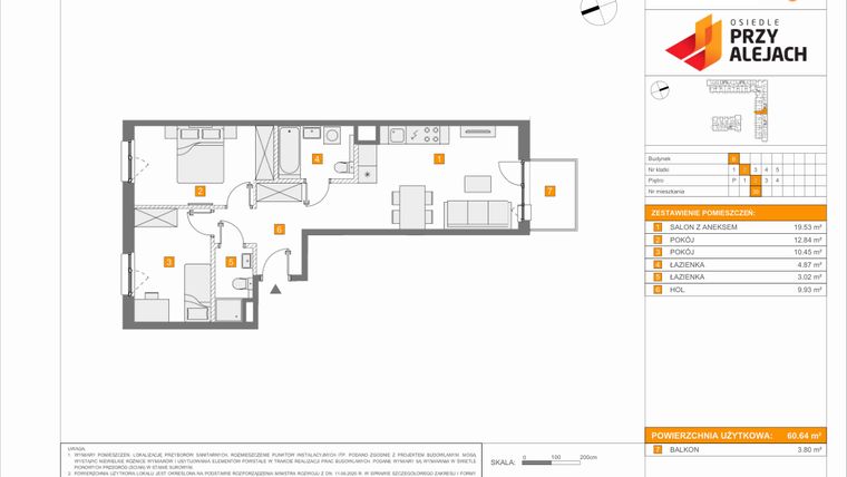 Rzut - Mieszkanie na sprzedaż 3 pokoje o powierzchni 60,64 m² - numer B39 w Osiedle Przy Alejach etap 2