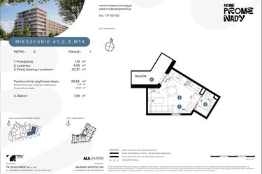 Rzut - Mieszkanie na sprzedaż 1 pokój o powierzchni 25,64 m² - numer A1.2.3.M14 w Nowe Promenady