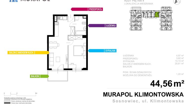 Rzut - Mieszkanie na sprzedaż 2 pokoje o powierzchni 44,56 m² - numer 1.B.4.10 w Murapol Apartamenty na Wzgórzu