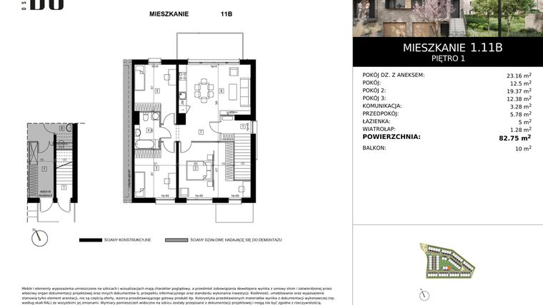 Rzut - Mieszkanie na sprzedaż 4 pokoje o powierzchni 82,75 m² - numer 1.11B w Osiedle Bo