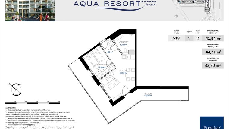 Rzut - Mieszkanie na sprzedaż 2 pokoje o powierzchni 43,64 m² - numer 518 w Aqua Resort