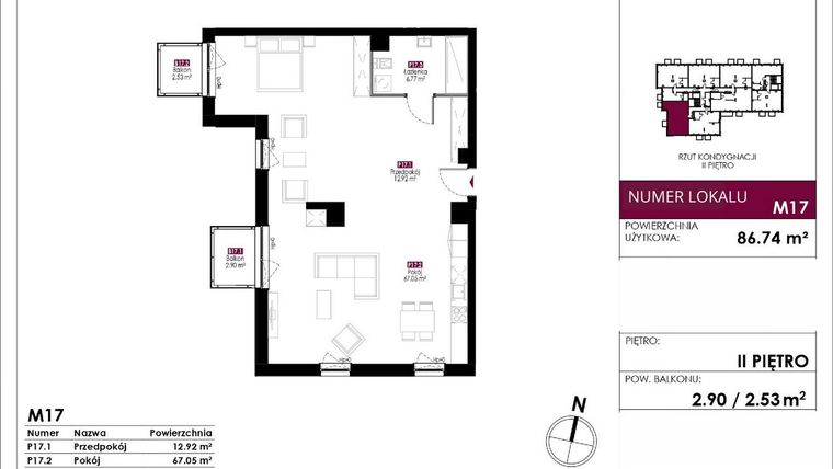 Rzut - Mieszkanie na sprzedaż 4 pokoje o powierzchni 86,74 m² - numer M17 w Słowackiego 78
