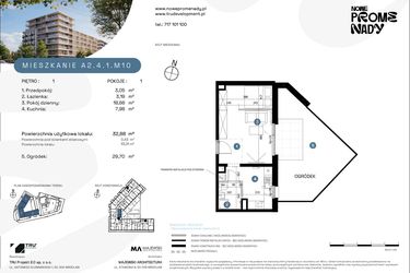 Rzut - Mieszkanie na sprzedaż 1 pokój o powierzchni 32,88 m² - numer A2.4.1.M10 w Nowe Promenady