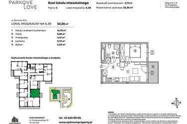 Rzut - Mieszkanie na sprzedaż 2 pokoje o powierzchni 32,36 m² - numer A.39 w Parkove Love