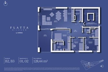 Rzut - Mieszkanie na sprzedaż 4 pokoje o powierzchni 128,44 m² - numer B3.02 w Flatta Wilanów