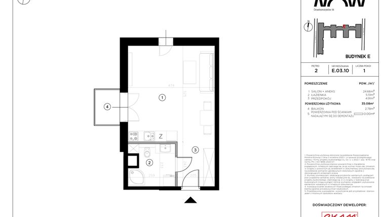 Rzut - Mieszkanie na sprzedaż 1 pokój o powierzchni 35,08 m² - numer E.03.10 w NOW