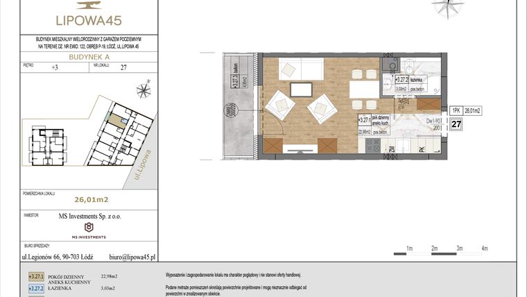 Rzut - Mieszkanie na sprzedaż 1 pokój o powierzchni 26,01 m² - numer A27 w Lipowa 45