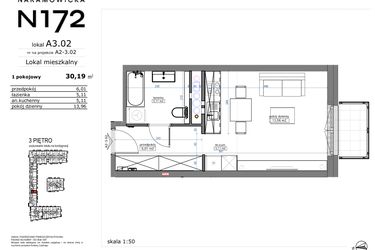 Rzut - Mieszkanie na sprzedaż 1 pokój o powierzchni 30,19 m² - numer A3.02 w Naramowicka 172