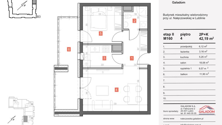 Rzut - Mieszkanie na sprzedaż 2 pokoje o powierzchni 42,19 m² - numer M-160 w Nałęczowska etap II