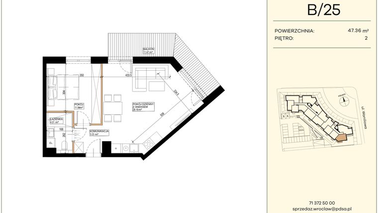 Rzut - Mieszkanie na sprzedaż 2 pokoje o powierzchni 47,36 m² - numer WA2/B/25 w Waniliowa