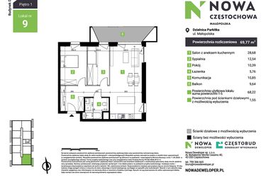 Rzut - Mieszkanie na sprzedaż 3 pokoje o powierzchni 69,77 m² - numer D9 w Nowa Częstochowa Małopolska etap II
