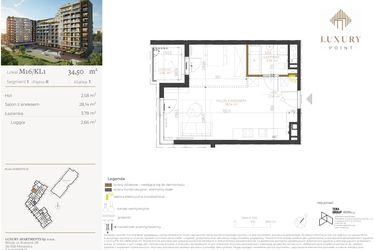 Rzut - Mieszkanie na sprzedaż 1 pokój o powierzchni 34,5 m² - numer M16/KL1 w LUXURY POINT