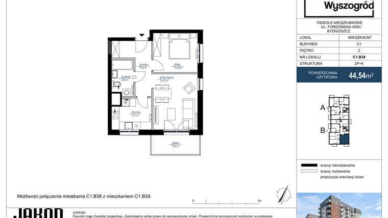 Rzut - Mieszkanie na sprzedaż 2 pokoje o powierzchni 44,54 m² - numer C1.B38 w Nowy Wyszogród etap II