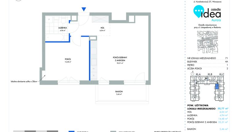 Rzut - Mieszkanie na sprzedaż 2 pokoje o powierzchni 50,85 m² - numer 71.4A w Osiedle Idea Aurora