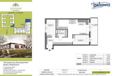 Rzut - Mieszkanie na sprzedaż 3 pokoje o powierzchni 71,33 m² - numer D2M1 w Jaśminowe Wzgórze