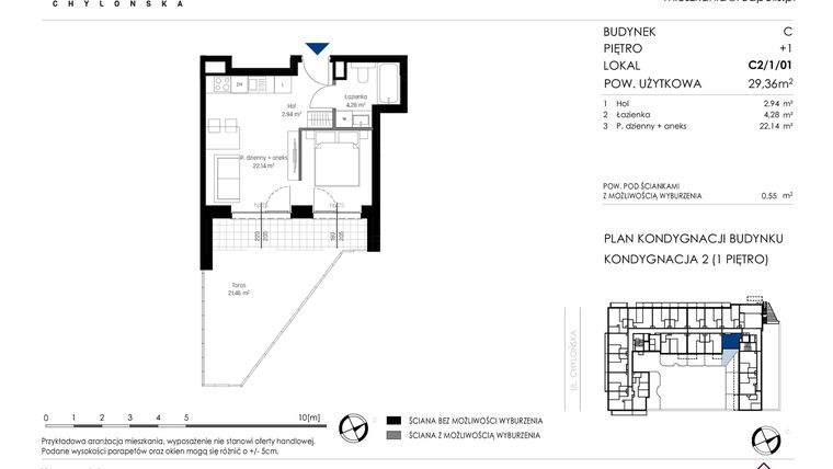 Rzut - Mieszkanie na sprzedaż 1 pokój o powierzchni 29,36 m² - numer C2/1/01 w Chylońska STO10 etap III