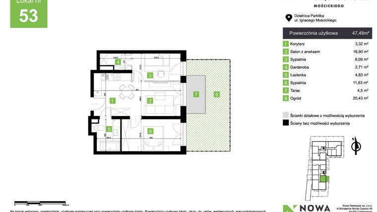 Rzut - Mieszkanie na sprzedaż 3 pokoje o powierzchni 47,48 m² - numer M53 w Nowa Częstochowa Mościckiego