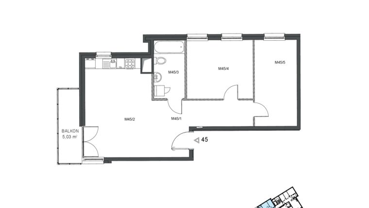Rzut - Mieszkanie na sprzedaż 3 pokoje o powierzchni 62,62 m² - numer 45 w Wzgórze Krzemionki II