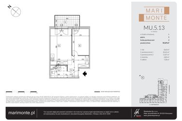 Rzut - Mieszkanie na sprzedaż 2 pokoje o powierzchni 45,69 m² - numer MU.5.13 w Marimonte - apartamenty inwestycyjne