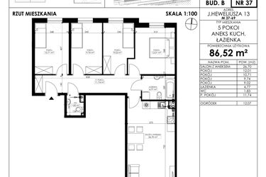 Rzut - Mieszkanie na sprzedaż 5 pokoi o powierzchni 86,52 m² - numer JAR-II-B-LM-M37 w Osiedle JAR Heweliusza etap II