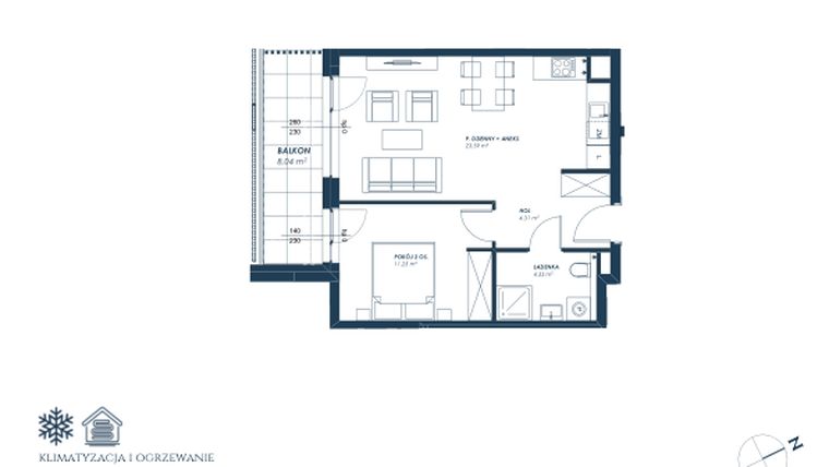 Rzut - Mieszkanie na sprzedaż 2 pokoje o powierzchni 43,48 m² - numer 22.A2 w Nadmorska Darłowo