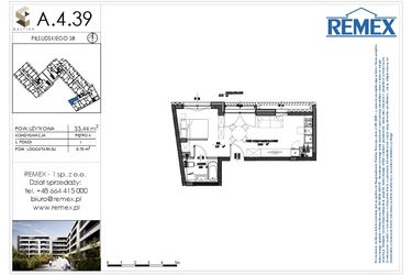 Rzut - Mieszkanie na sprzedaż 1 pokój o powierzchni 33,44 m² - numer A.4.39 w Osiedle BALTICA